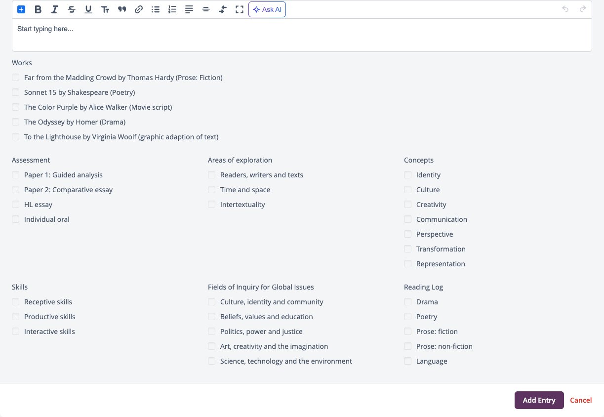 Captura de pantalla: Agregar formulario de entrada con el editor de texto y las casillas de verificación de Obras, Evaluación, Áreas de exploración, Conceptos, Habilidades, Problemas globales y Registro de lectura.