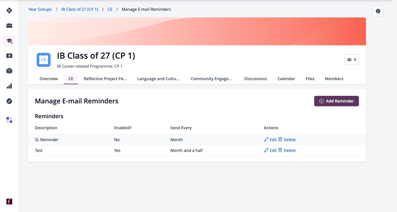 Captura de pantalla: Administrar recordatorios por correo electrónico con Agregar recordatorio y Editar y Eliminar para cada recordatorio.