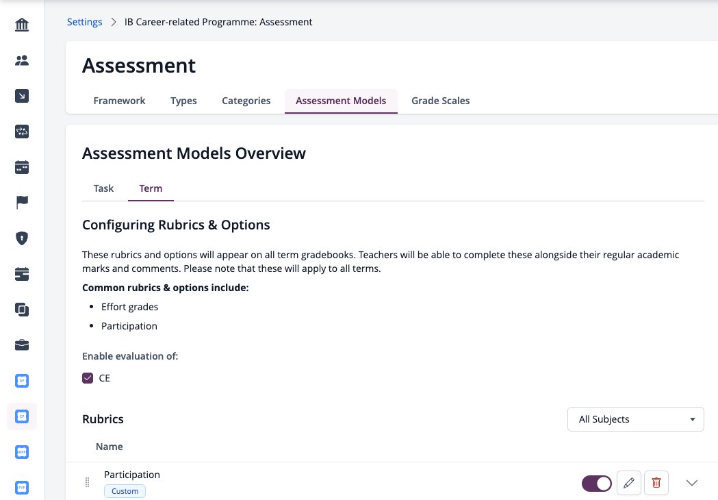 Screenshot: Assessment Models tab with Enable evaluation of and the rubrics list