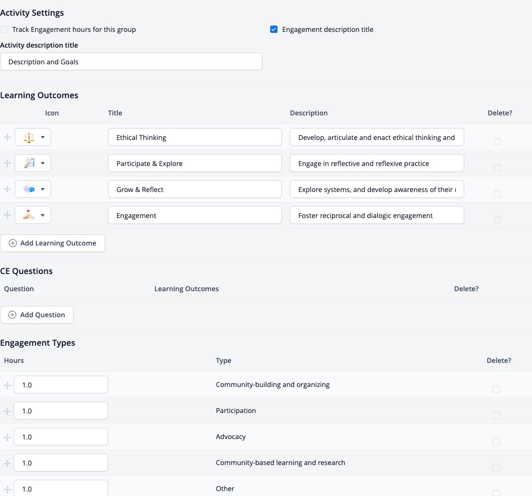 Captura de pantalla: Sección de Participación Comunitaria de la configuración del grupo de años (Editar configuración del grupo de años) con configuración de actividades, resultados de aprendizaje, preguntas de CE y tipos de participación.