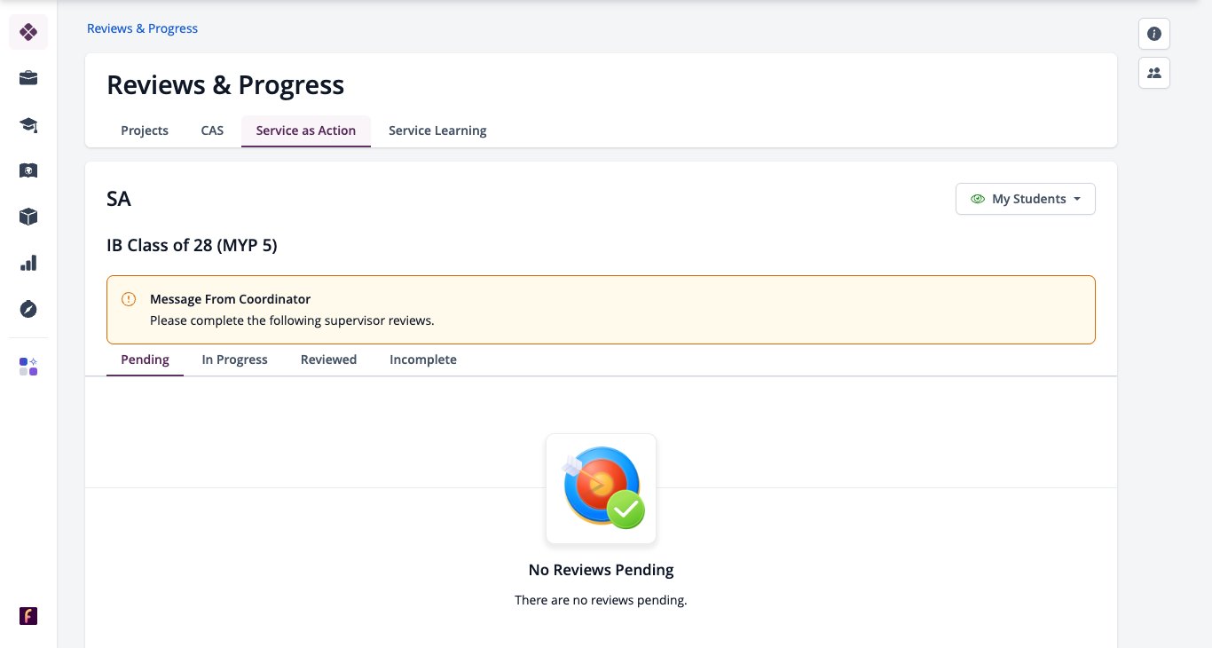 Screenshot: supervisor Reviews page with Pending, In Progress, Reviewed and Incomplete tabs