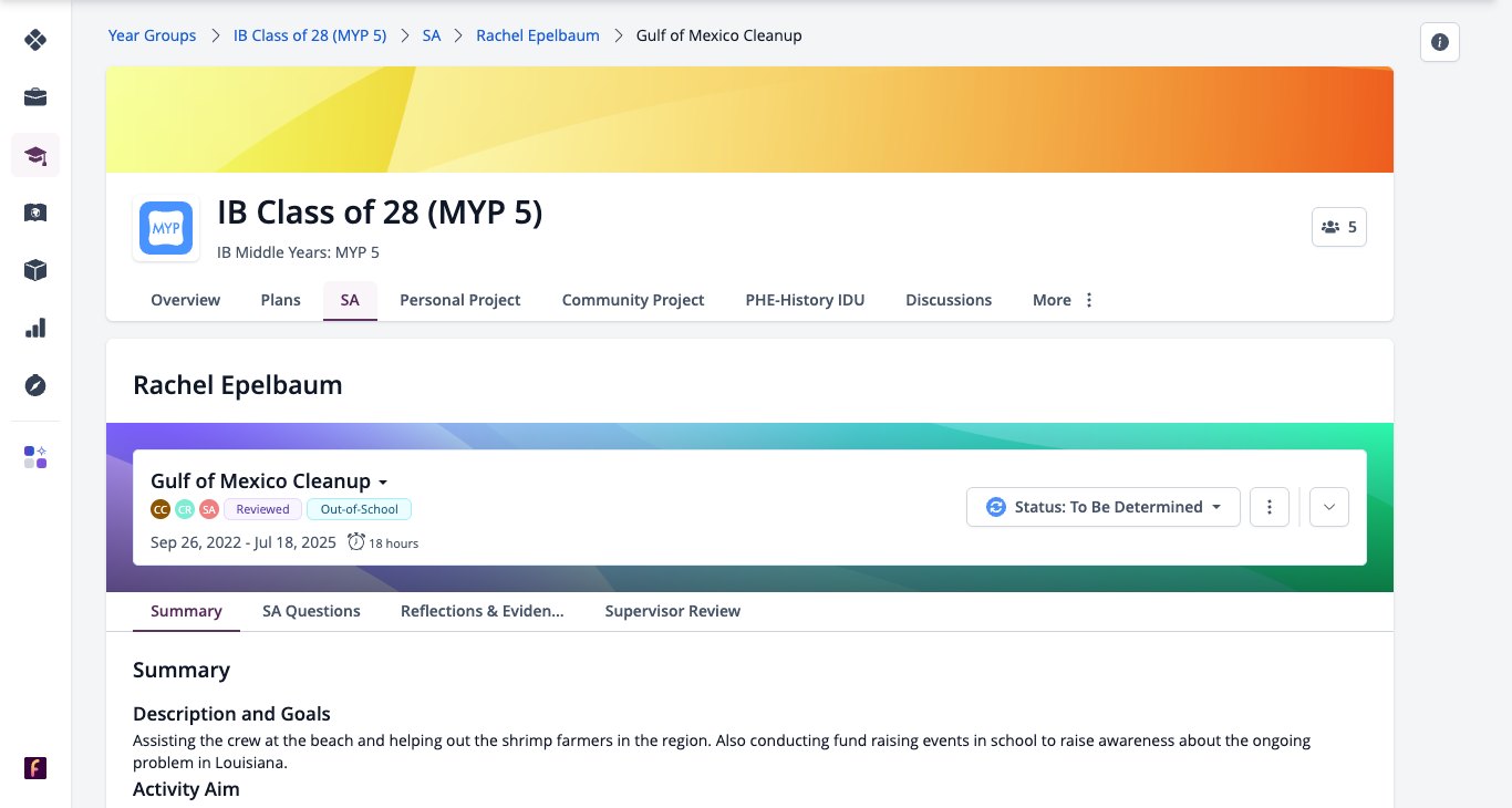 Screenshot: an activity opened by an advisor with its status and the Summary tab