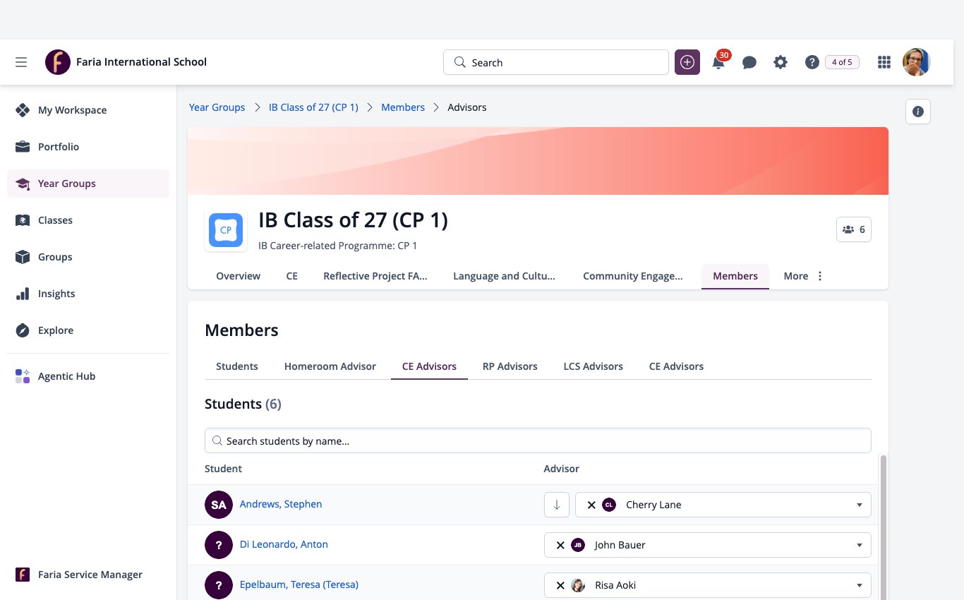Screenshot: Members tab of a CP year group on CE Advisors, with an advisor list for each student