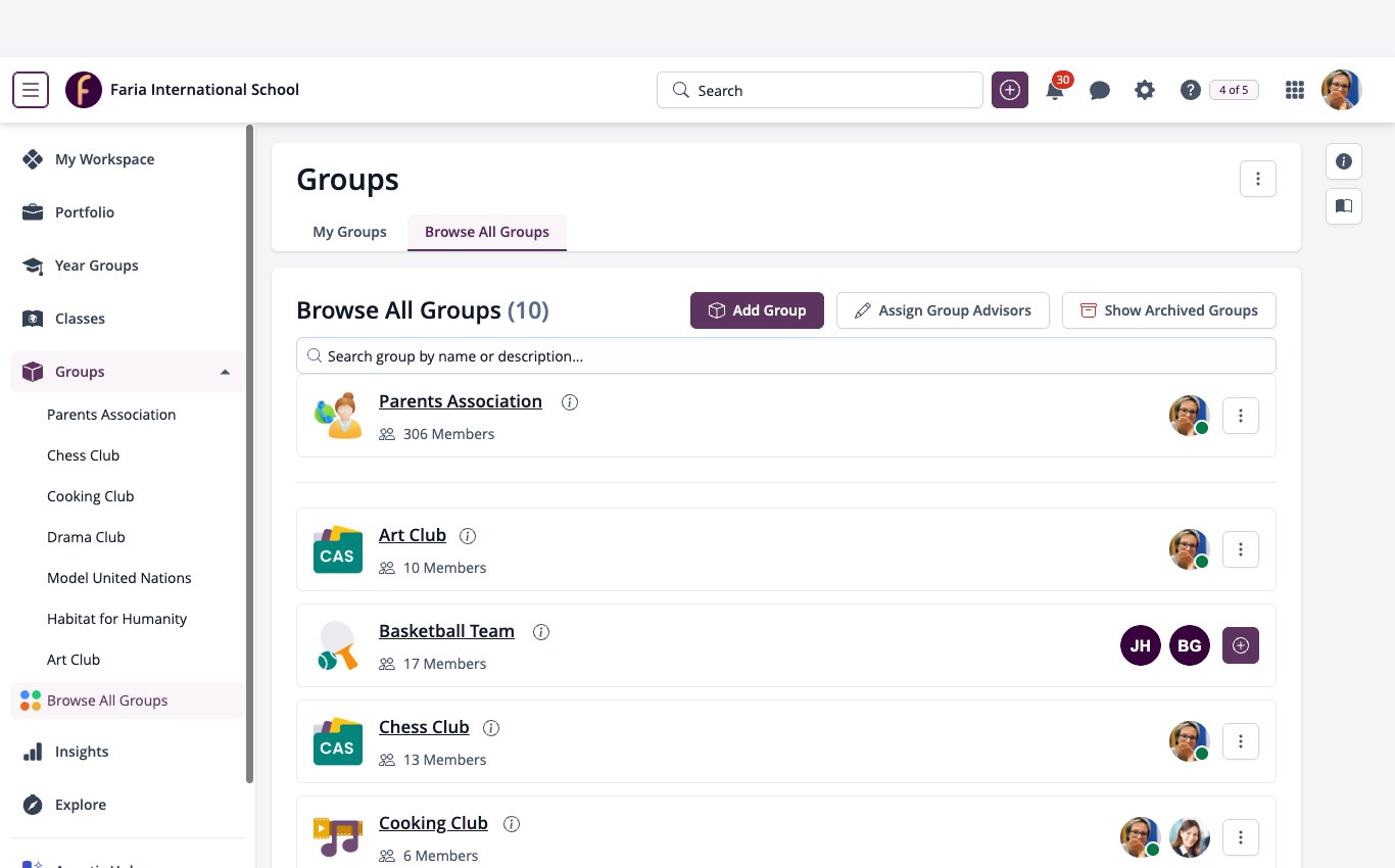 Captura de pantalla: Menú Grupos expandido con la opción Explorar todos los grupos abierta.