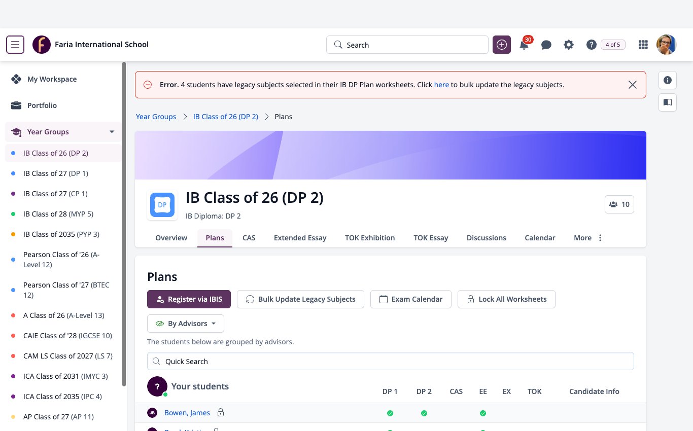 Screenshot: Year Groups menu expanded with a DP year group open on the Plans tab