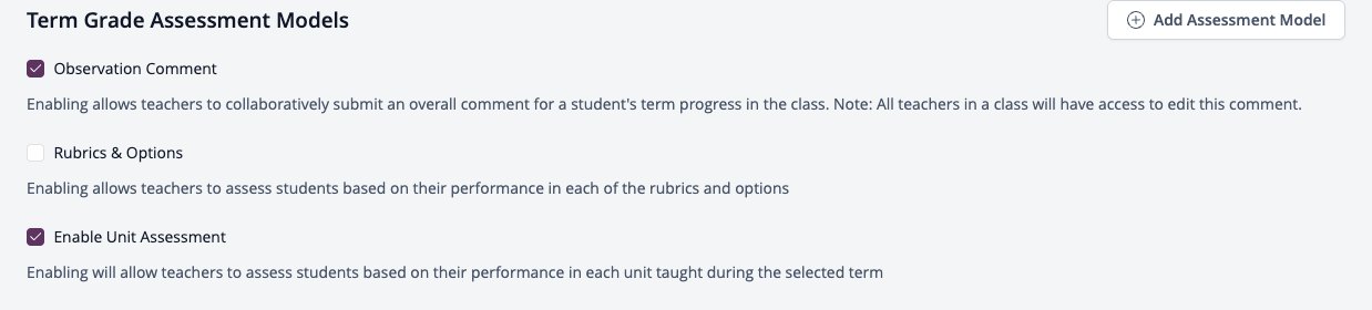 Screenshot: Term Grade Assessment Models with Observation Comment, Rubrics & Options and Enable Unit Assessment