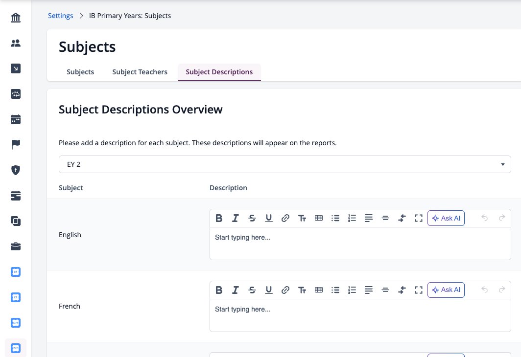 Screenshot: Subject Descriptions with the grade drop-down and a text box for each subject