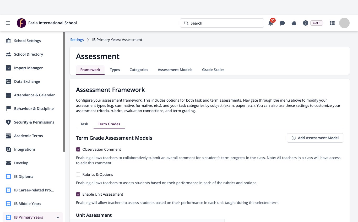 Screenshot: Settings menu with IB Primary Years open on Assessment