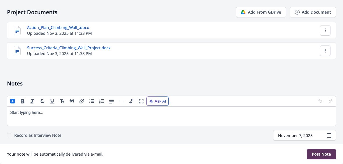 Capture d'écran : Documents du projet avec les options « Ajouter un document » et « Ajouter depuis Google Drive », et notes avec les options « Enregistrer comme note d'entretien » et « Publier une note ».