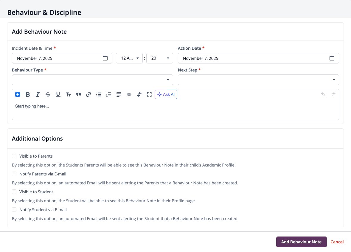 Screenshot: Add Behaviour Note form with Additional Options for parents and students