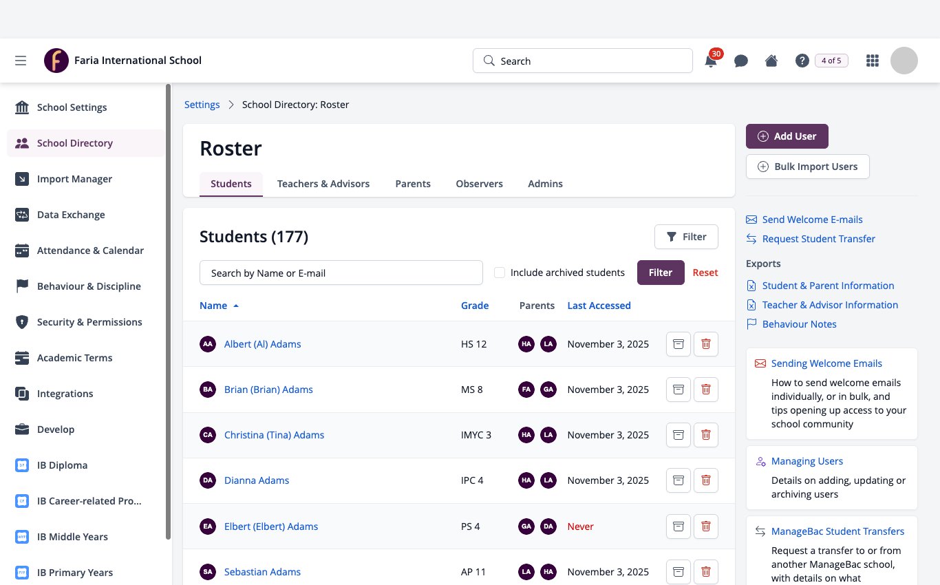 Captura de pantalla: Menú de configuración con el directorio escolar abierto en la lista de alumnos.