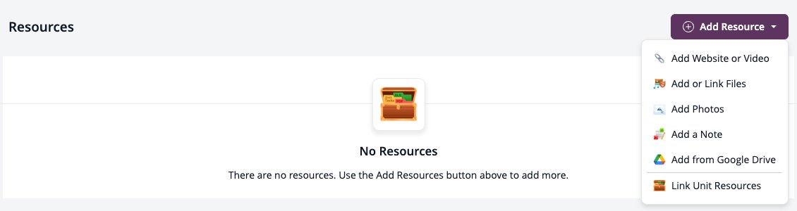لقطة شاشة: قائمة إضافة مورد مع إضافة من Google Drive