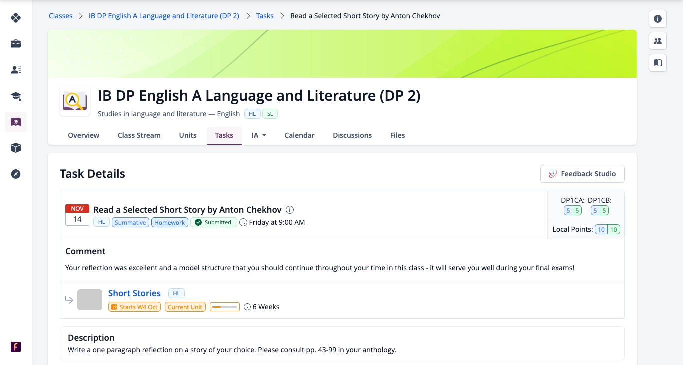 Screenshot: student Task Details with Feedback Studio at the top right