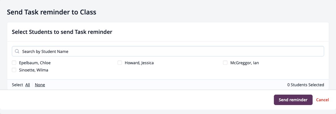 Screenshot: Send Task reminder to Class with the student selection list