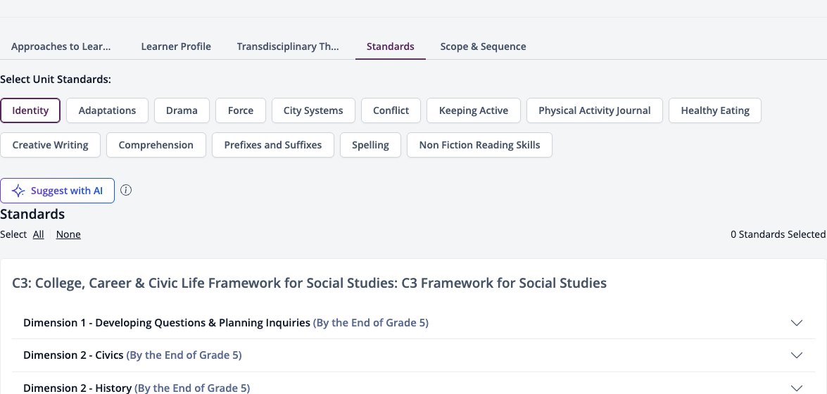 Screenshot: Learning Connections for a Class Stream post on the Standards tab, with a unit selected and its standards listed