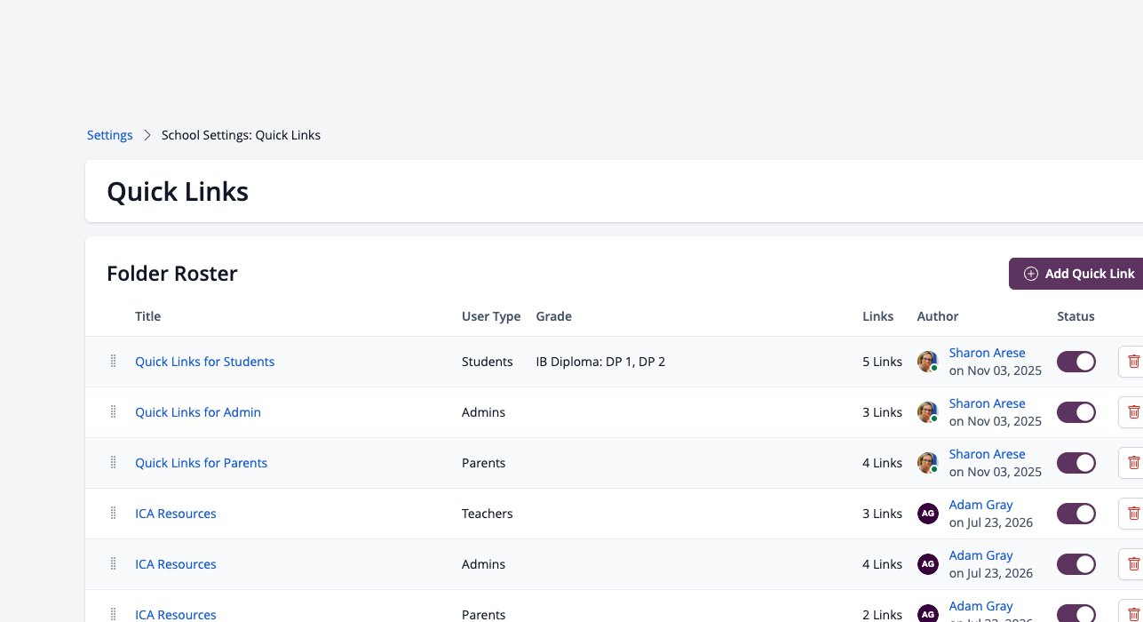Screenshot: Quick Links settings in School Settings
