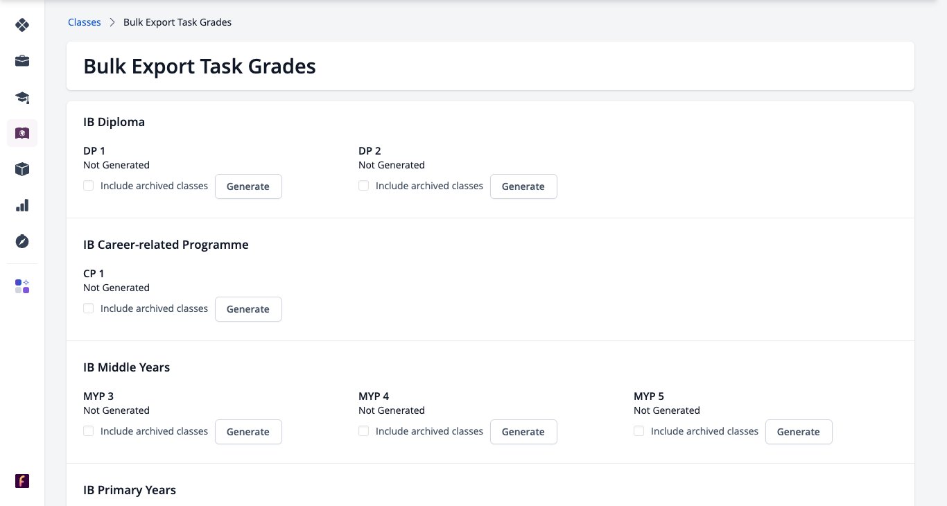 Screenshot: Bulk Export Task Grades page by programme and grade