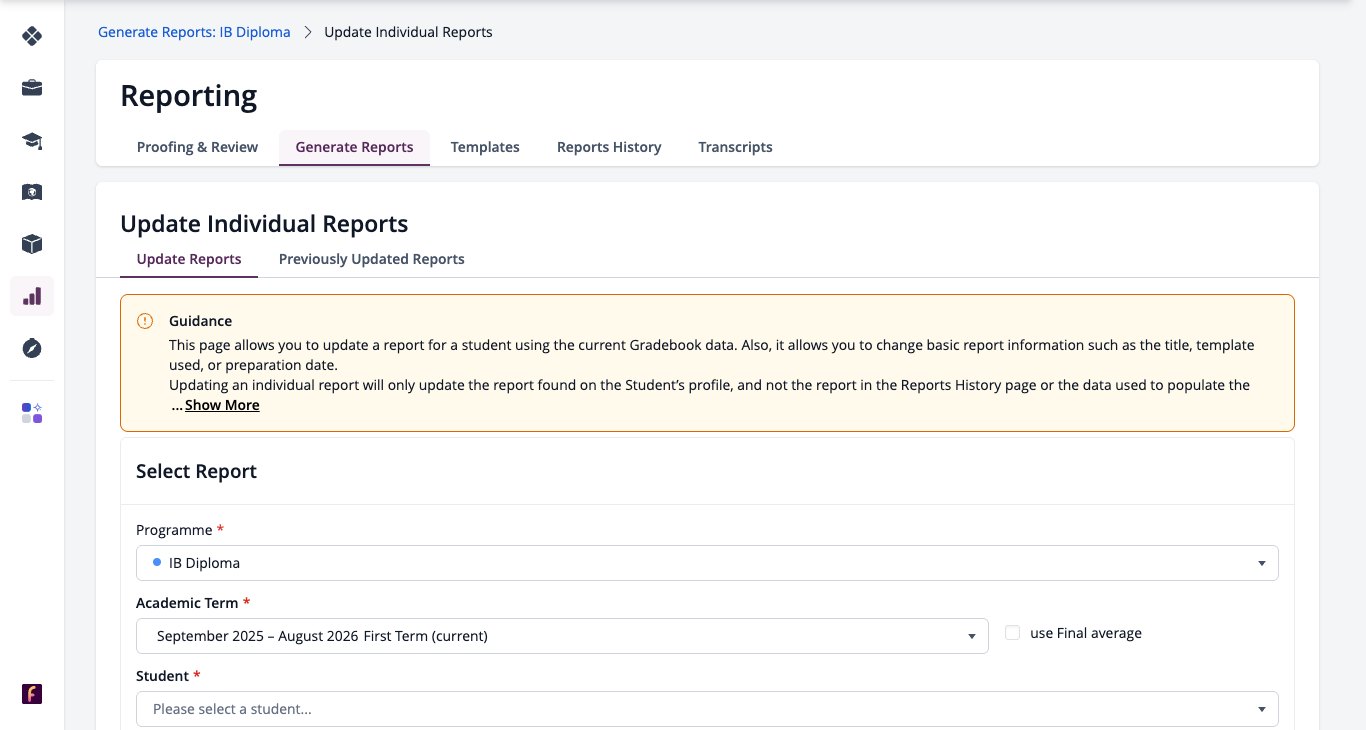 Capture d'écran : Page « Mettre à jour les rapports individuels » dans la section « Rapports », puis « Générer des rapports »