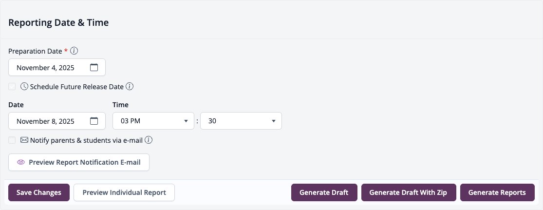 Screenshot: Reporting Date and Time with Schedule Future Release Date