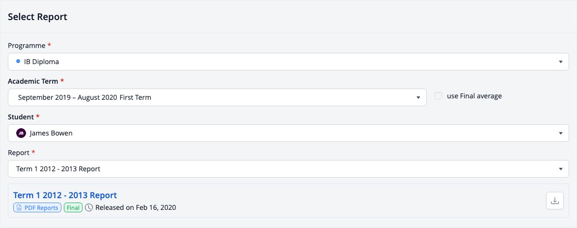 Captura de pantalla: Seleccione la sección Informe con programa, período académico, estudiante e informe.