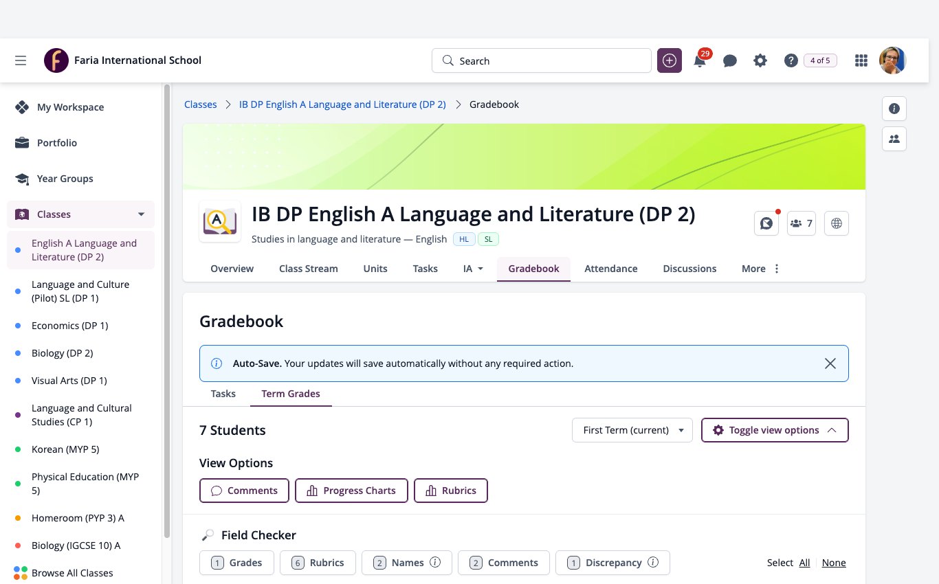 Screenshot: DP class Gradebook on the Term Grades tab