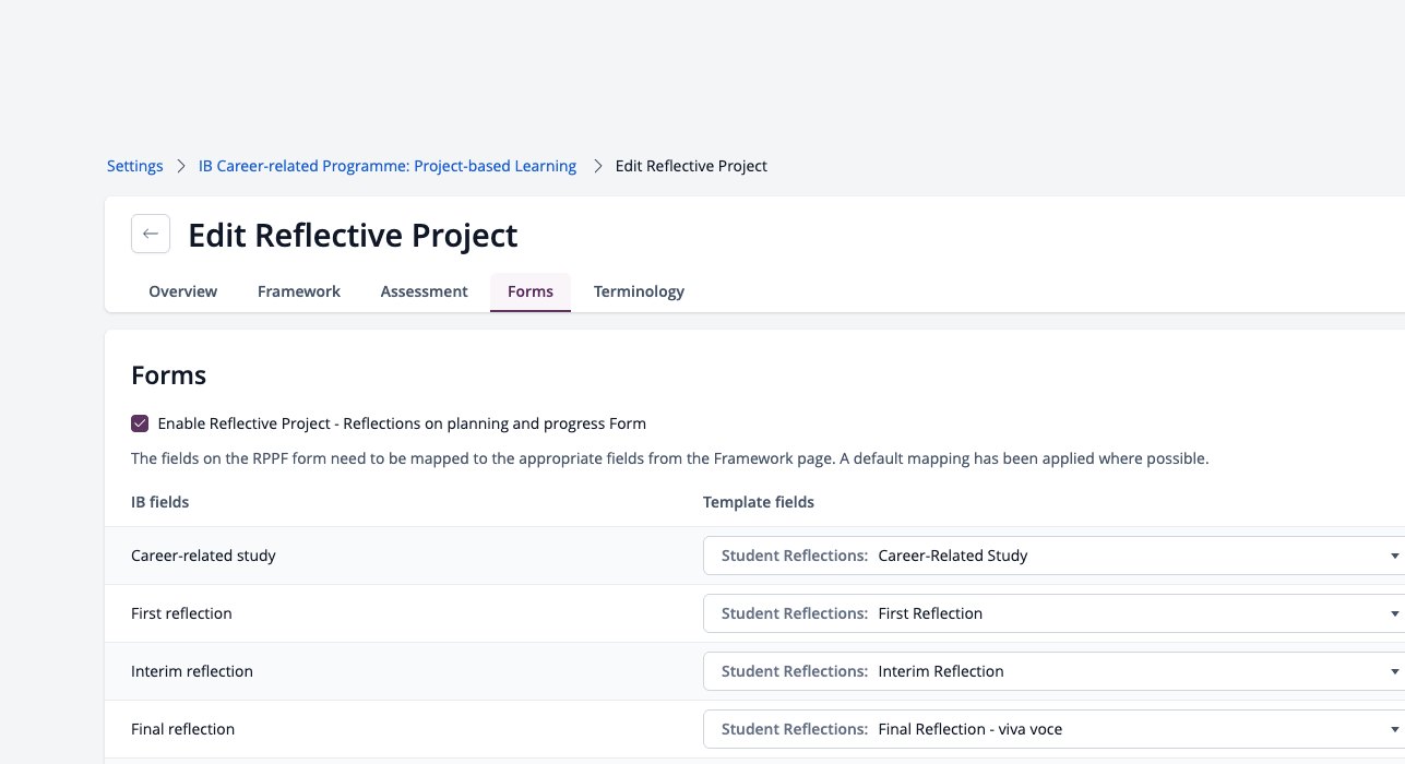 Screenshot: Reflective Project template Forms tab with the Planning and Progress Form option
