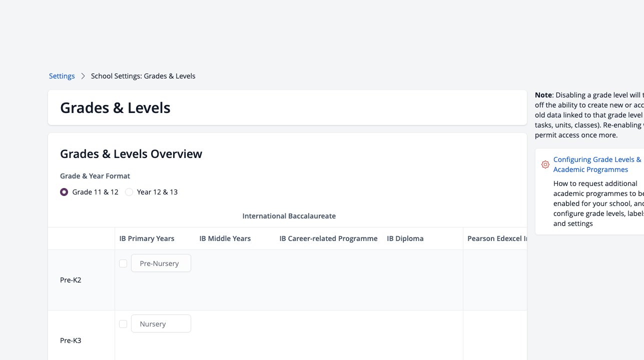 Screenshot: Grades and Levels settings