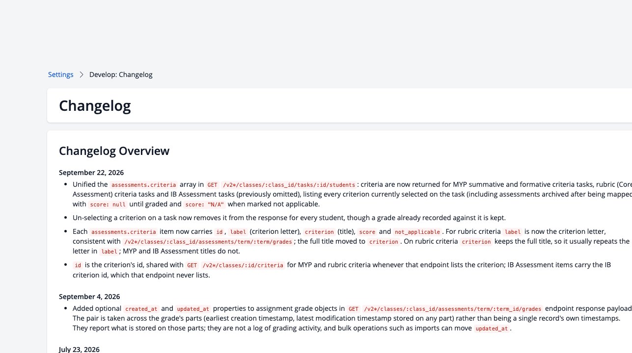 Screenshot: API Changelog in Settings, Develop