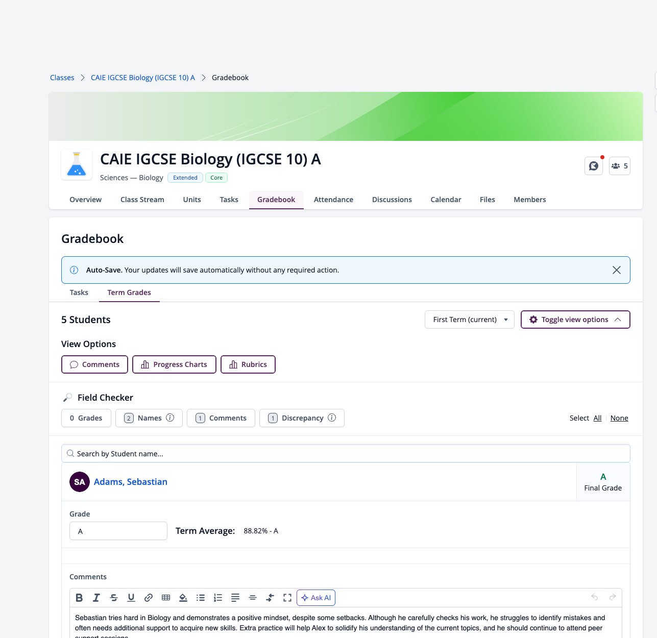Term Grades tab in a class Gradebook with the grade, term average and comment for a student