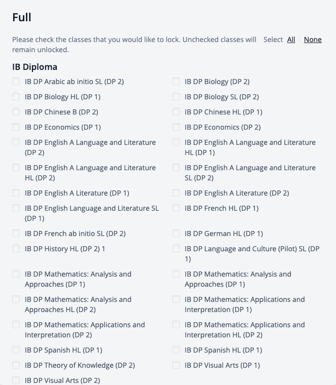 Lock Classes page with classes to tick by programme