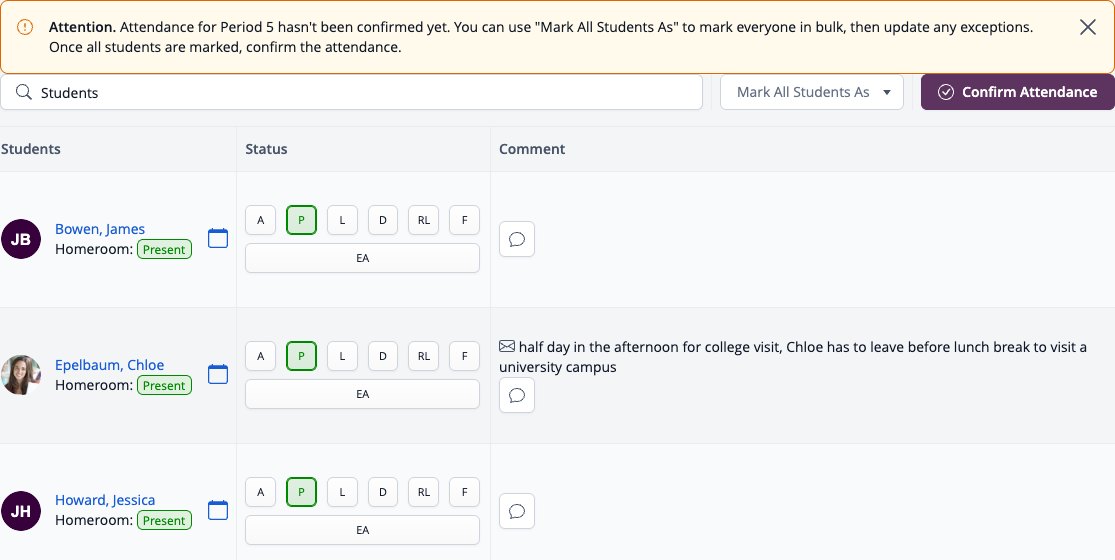 Screenshot: Class Attendance roster with Mark All Students As, Confirm Attendance, category buttons and comments