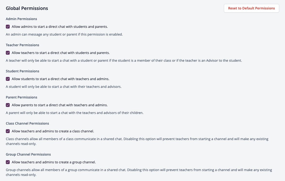 Captura de pantalla: Permisos globales en la configuración de chat: permisos de administrador, profesor, estudiante y padre para iniciar un chat directo, y permisos para canales de clase y grupo.