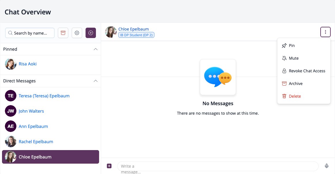 Screenshot: Full screen Chat with a conversation open and the options menu: Pin, Mute, Revoke Chat Access, Archive and Delete