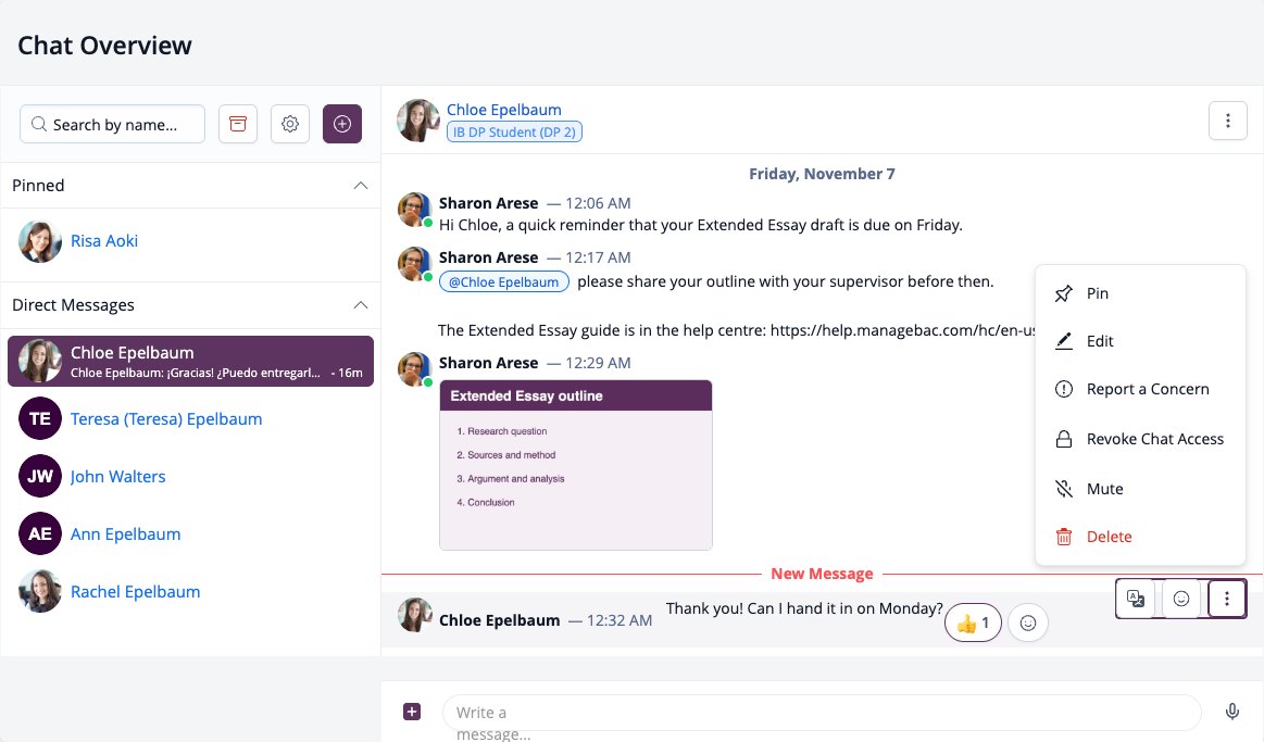 Screenshot: Message options menu: Pin, Edit, Report a Concern, Revoke Chat Access, Mute and Delete