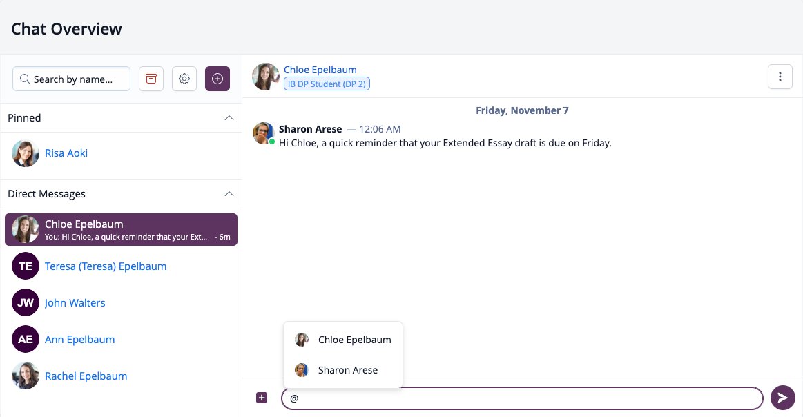 Screenshot: Typing @ in the message box shows the list of chat members to mention