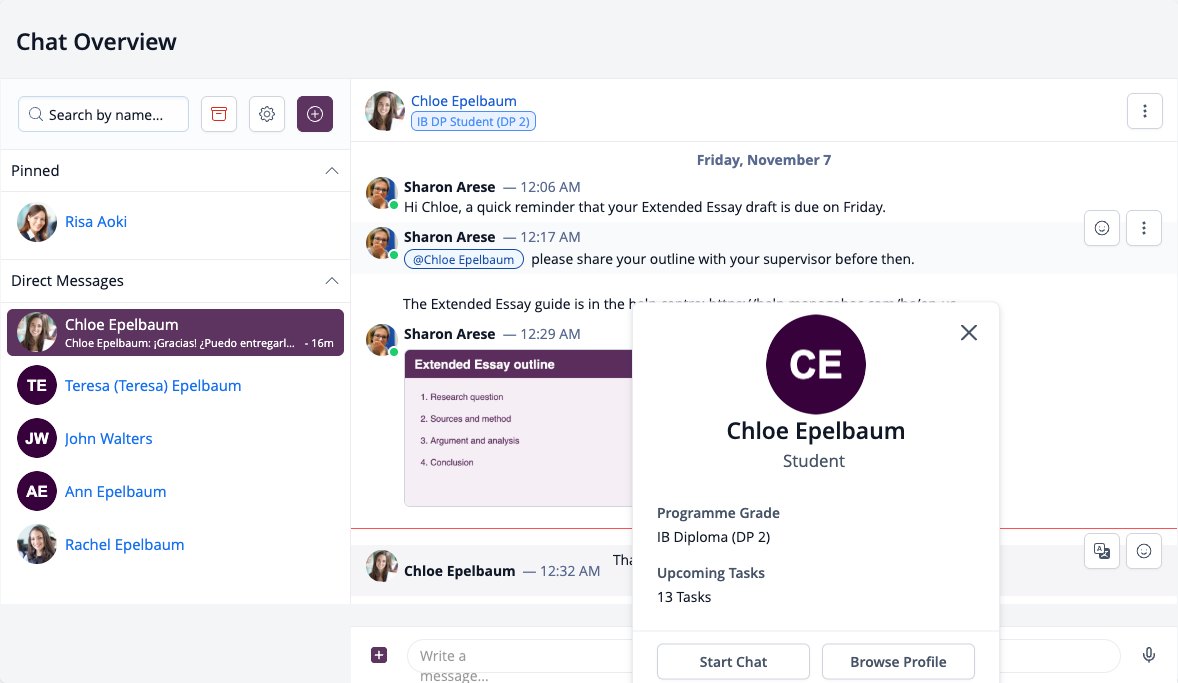 Screenshot: Profile pop-up for a mentioned user with programme grade, upcoming tasks, Start Chat and Browse Profile