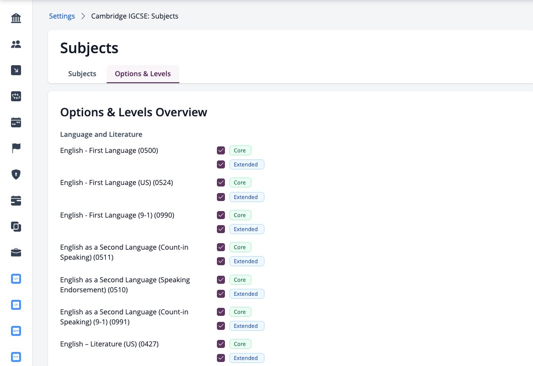 Screenshot: Cambridge IGCSE Options & Levels with Core and Extended for each subject