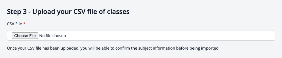Screenshot: Import Subjects, Step 3 with Choose File to upload the CSV