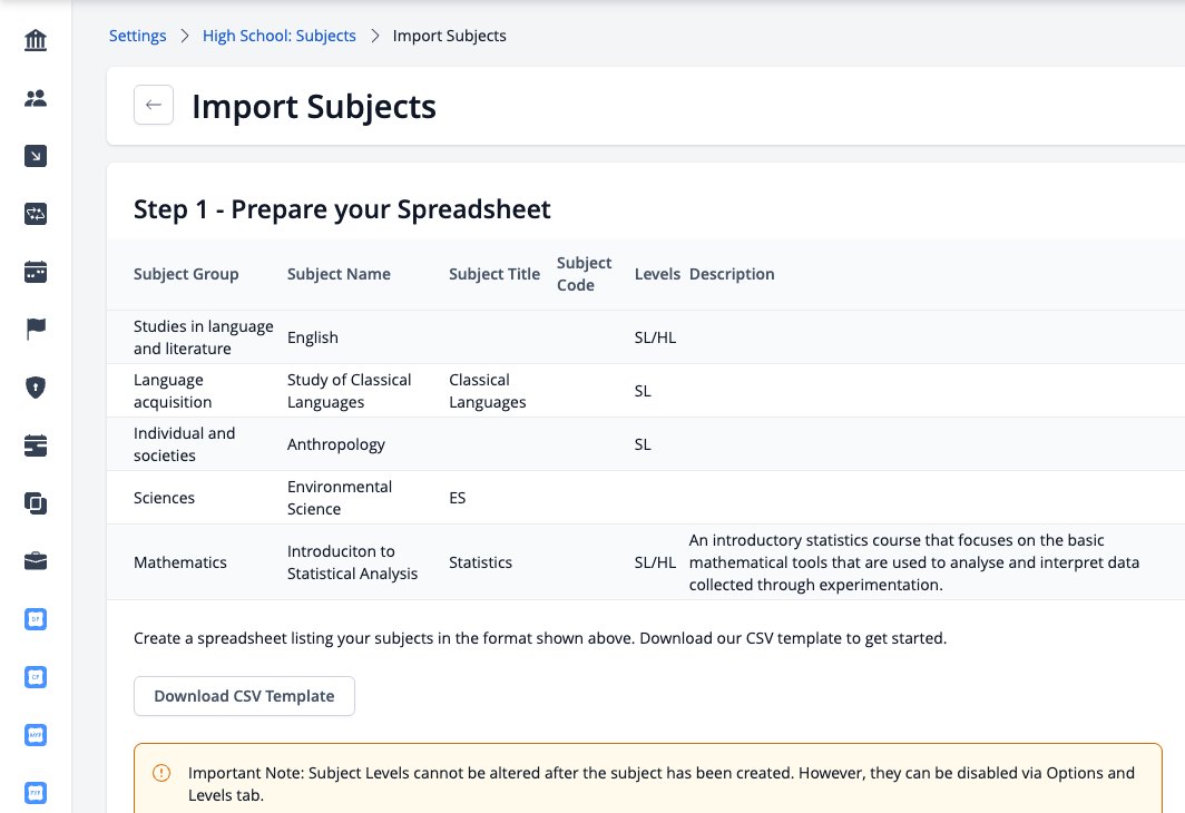 屏幕截图：导入科目，步骤 1（附示例电子表格）和下载 CSV 模板