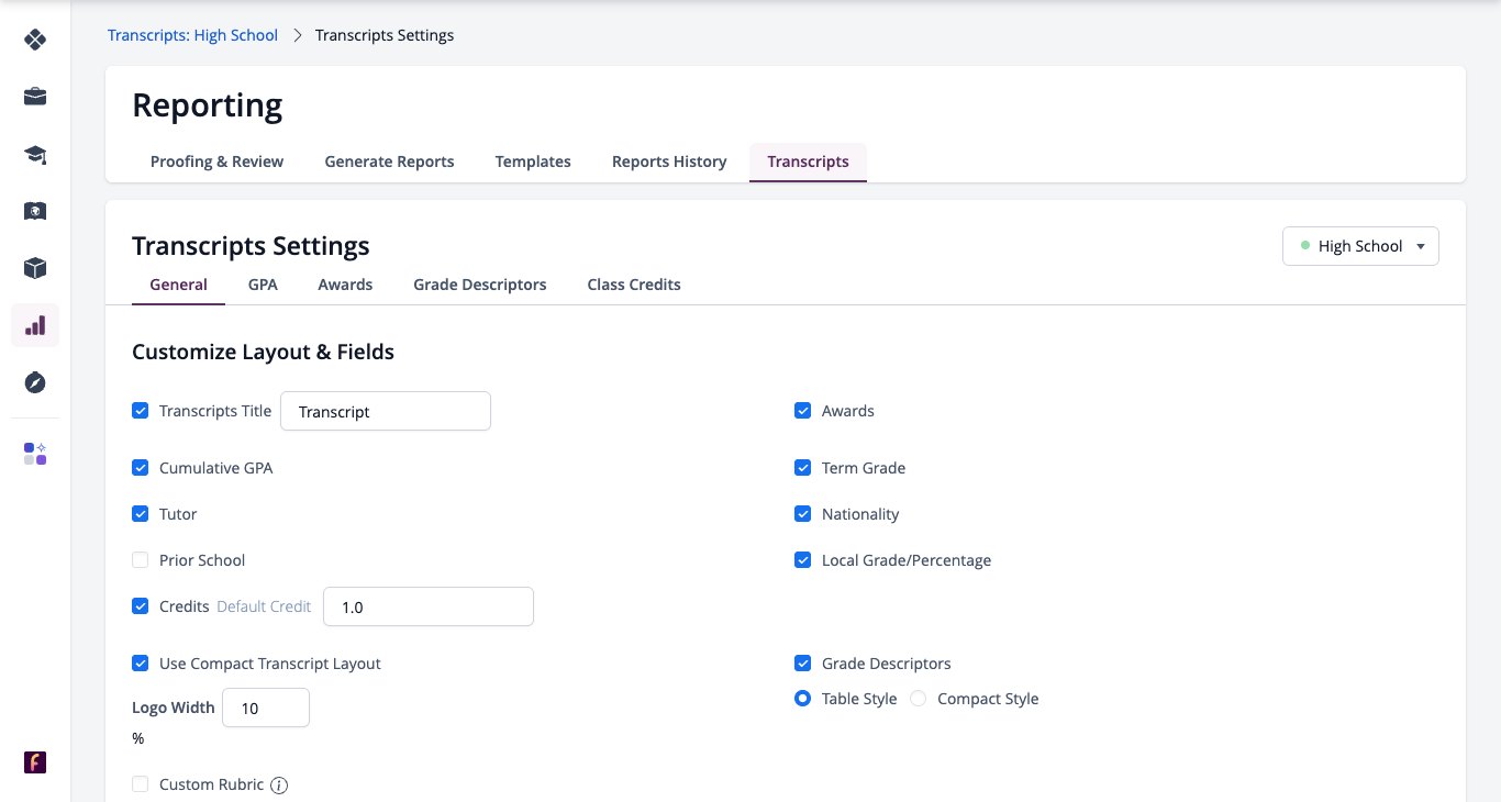 Screenshot: Transcripts Settings, General tab with Customize Layout & Fields