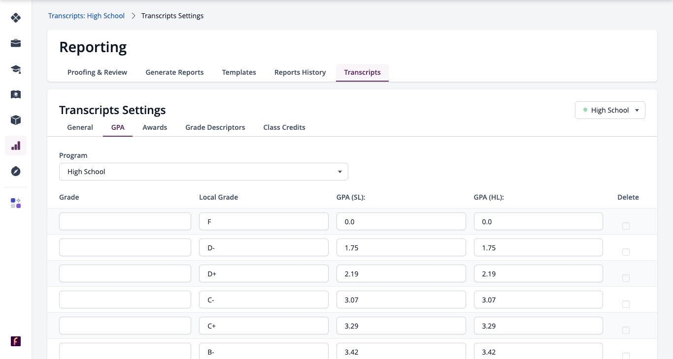 Screenshot: Transcripts Settings, GPA tab with the grade, local grade and GPA values