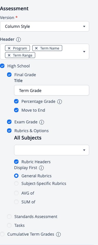 Screenshot: Assessment component options in the report template editor, including rubrics