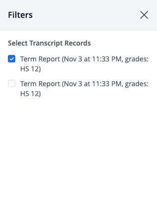 Screenshot: Filters panel with Select Transcript Records and the report cards for the term