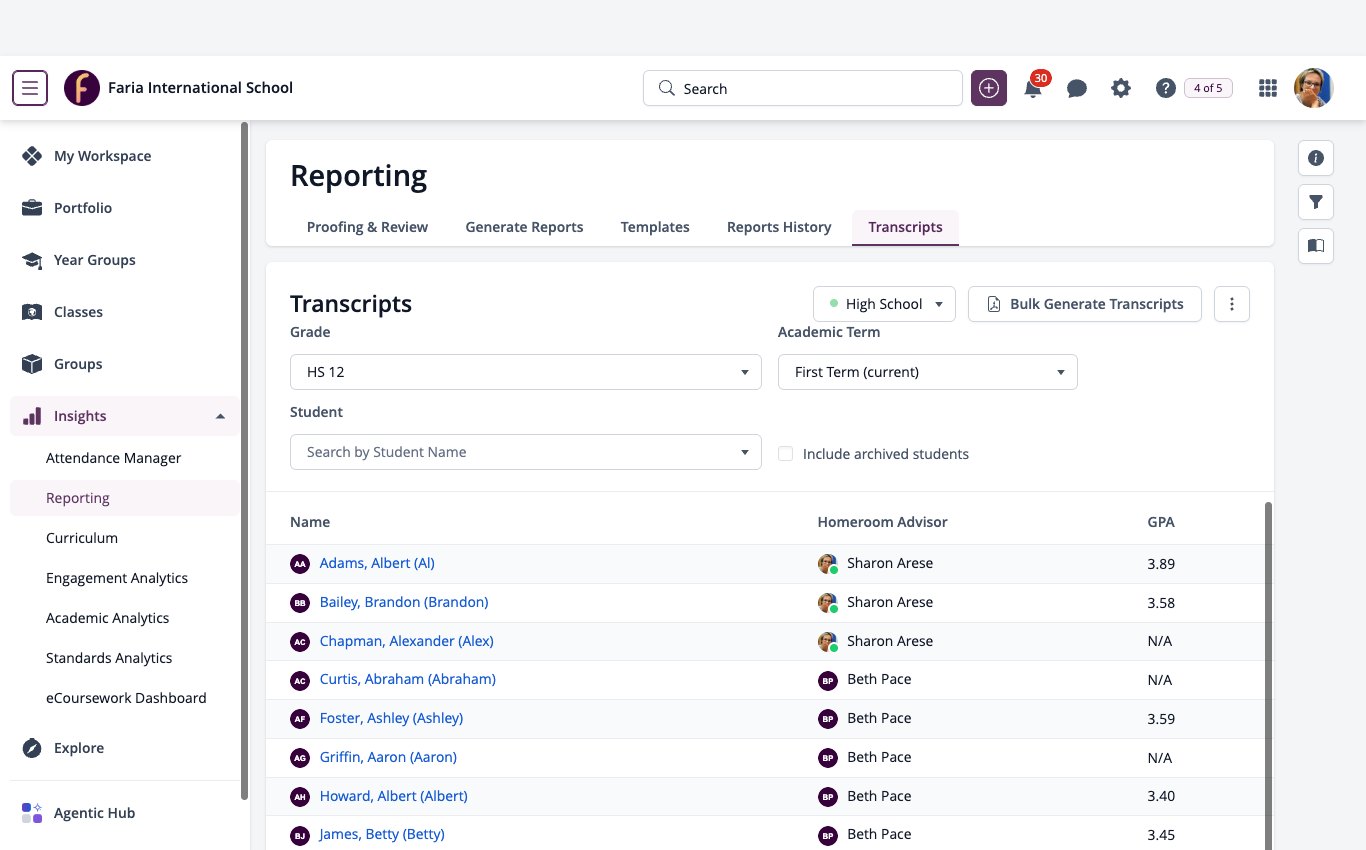 لقطة شاشة: قائمة Insights مفتوحة مع تحديد Reporting وعلامة تبويب Transscripts