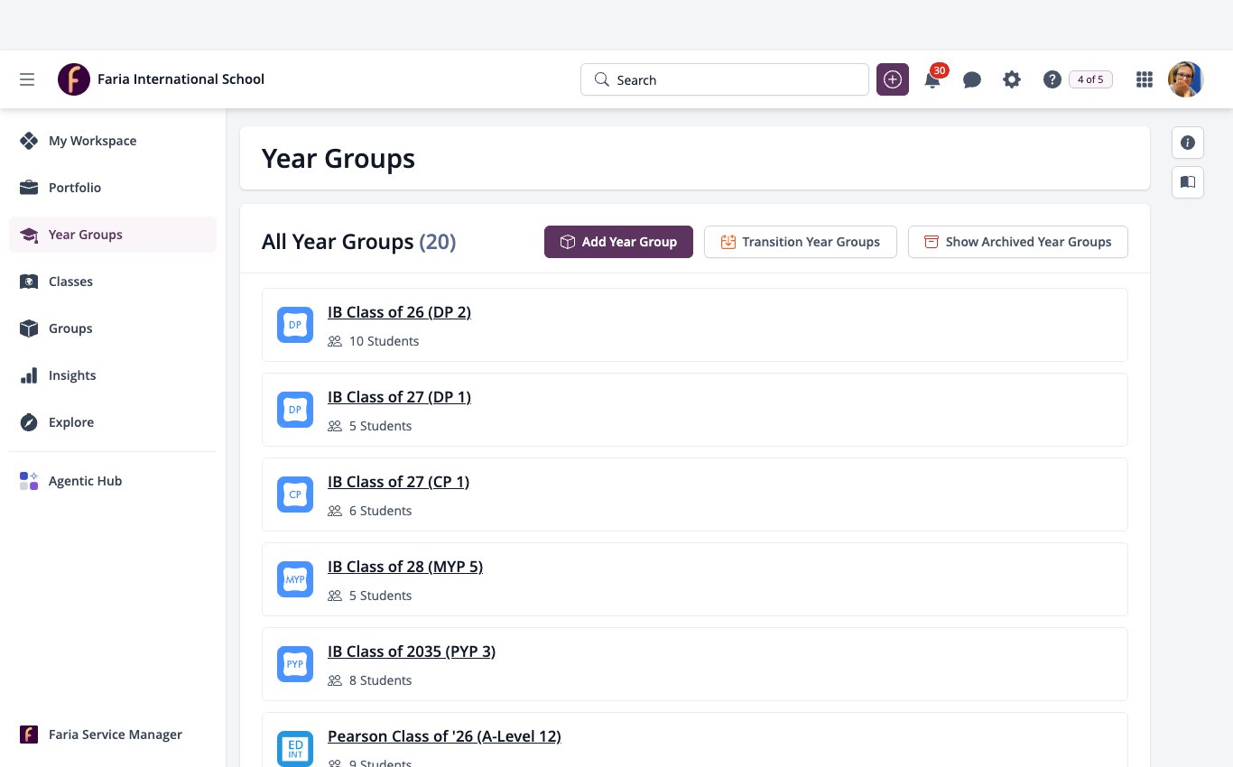 Screenshot: ManageBac+ with the left menu open and Year Groups selected