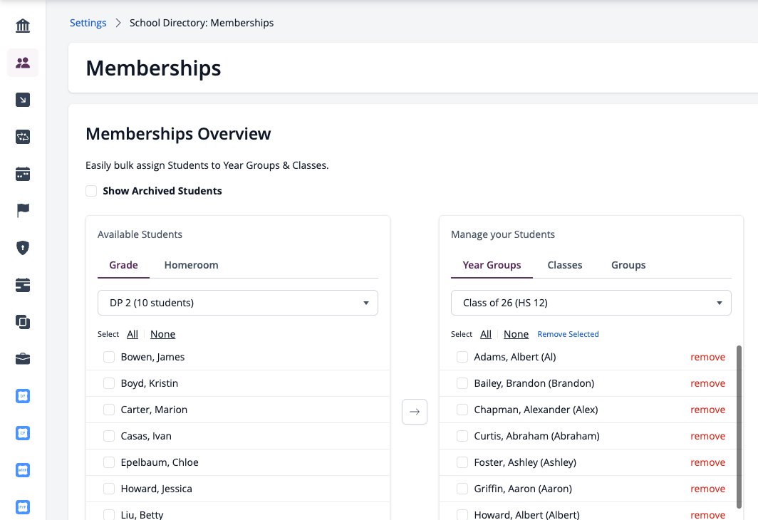 Screenshot: Settings, School Directory, Memberships with Available Students and Manage your Students