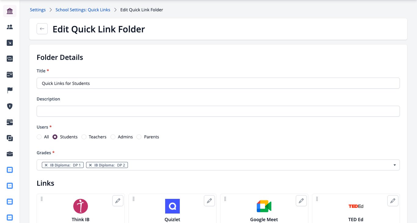 Screenshot: Edit Quick Link Folder for students with the Users and Grades fields