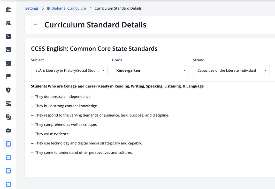 Screenshot: a standards set with the Subject, Grade and Strand menus
