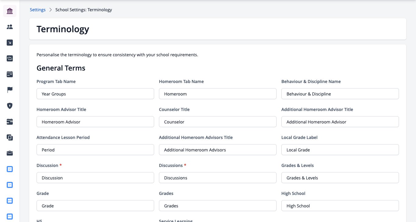 Screenshot: Settings, School Settings, Terminology