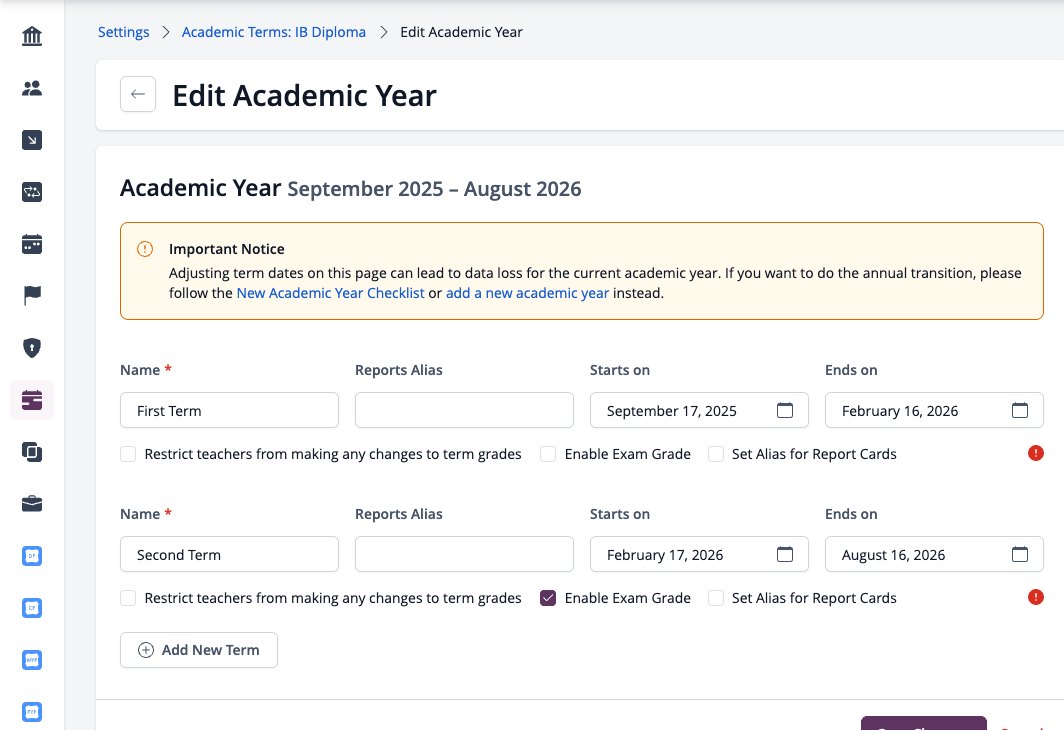Screenshot: Edit Academic Year with term names, dates and term options